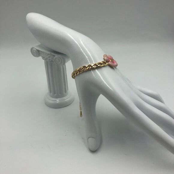 18K Gold Plated Women's Bracelet with Pink Flower Hypoallergenic Waterproof - Picture 7 of 10